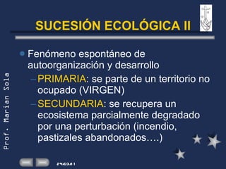 SUCESIÓN ECOLÓGICA II Fenómeno espontáneo de autoorganización y desarrollo PRIMARIA : se parte de un territorio no ocupado (VIRGEN) SECUNDARIA : se recupera un ecosistema parcialmente degradado por una perturbación (incendio, pastizales abandonados….) 