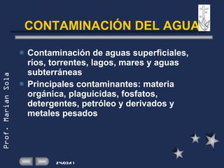 CONTAMINACIÓN DEL AGUA Contaminación de aguas superficiales, ríos, torrentes, lagos, mares y aguas subterráneas Principales contaminantes: materia orgánica, plaguicidas, fosfatos, detergentes, petróleo y derivados y metales pesados 