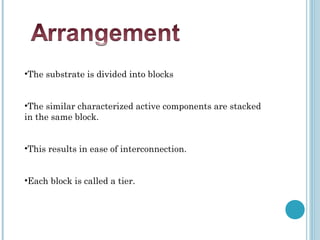 •The substrate is divided into blocks


•The similar characterized active components are stacked
in the same block.


•This results in ease of interconnection.


•Each block is called a tier.
 