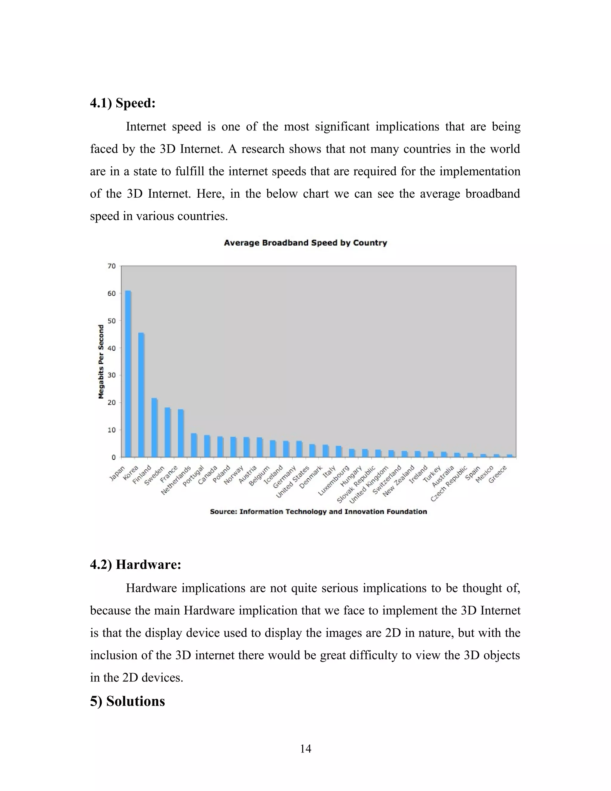 4.1) Speed:
Internet speed is one of the most significant implications that are being
faced by the 3D Internet. A research shows that not many countries in the world
are in a state to fulfill the internet speeds that are required for the implementation
of the 3D Internet. Here, in the below chart we can see the average broadband
speed in various countries.

4.2) Hardware:
Hardware implications are not quite serious implications to be thought of,
because the main Hardware implication that we face to implement the 3D Internet
is that the display device used to display the images are 2D in nature, but with the
inclusion of the 3D internet there would be great difficulty to view the 3D objects
in the 2D devices.

5) Solutions
14

 