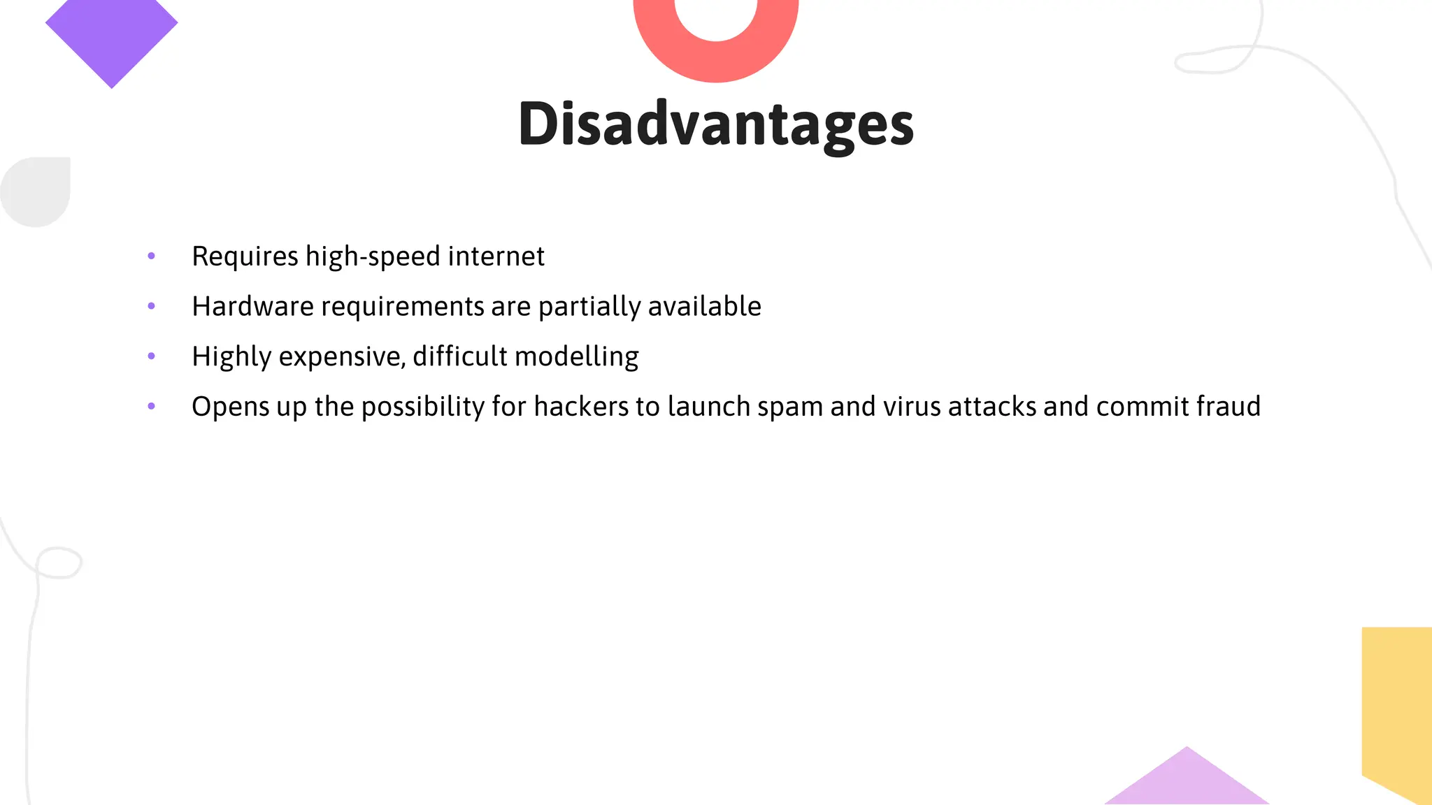 Disadvantages
• Requires high-speed internet
• Hardware requirements are partially available
• Highly expensive, difficult modelling
• Opens up the possibility for hackers to launch spam and virus attacks and commit fraud
 