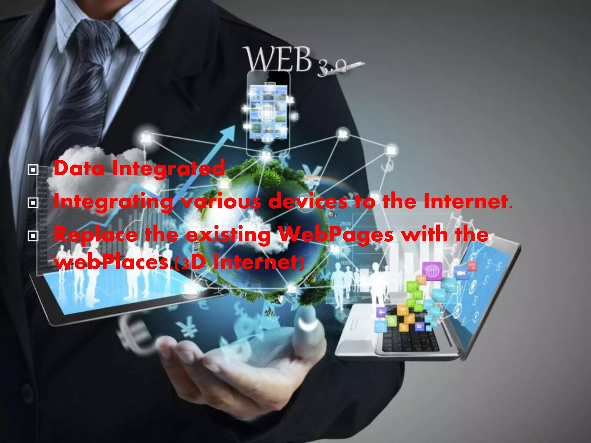  Data Integrated
 Integrating various devices to the Internet.
 Replace the existing WebPages with the
webPlaces.(3D Internet)
 