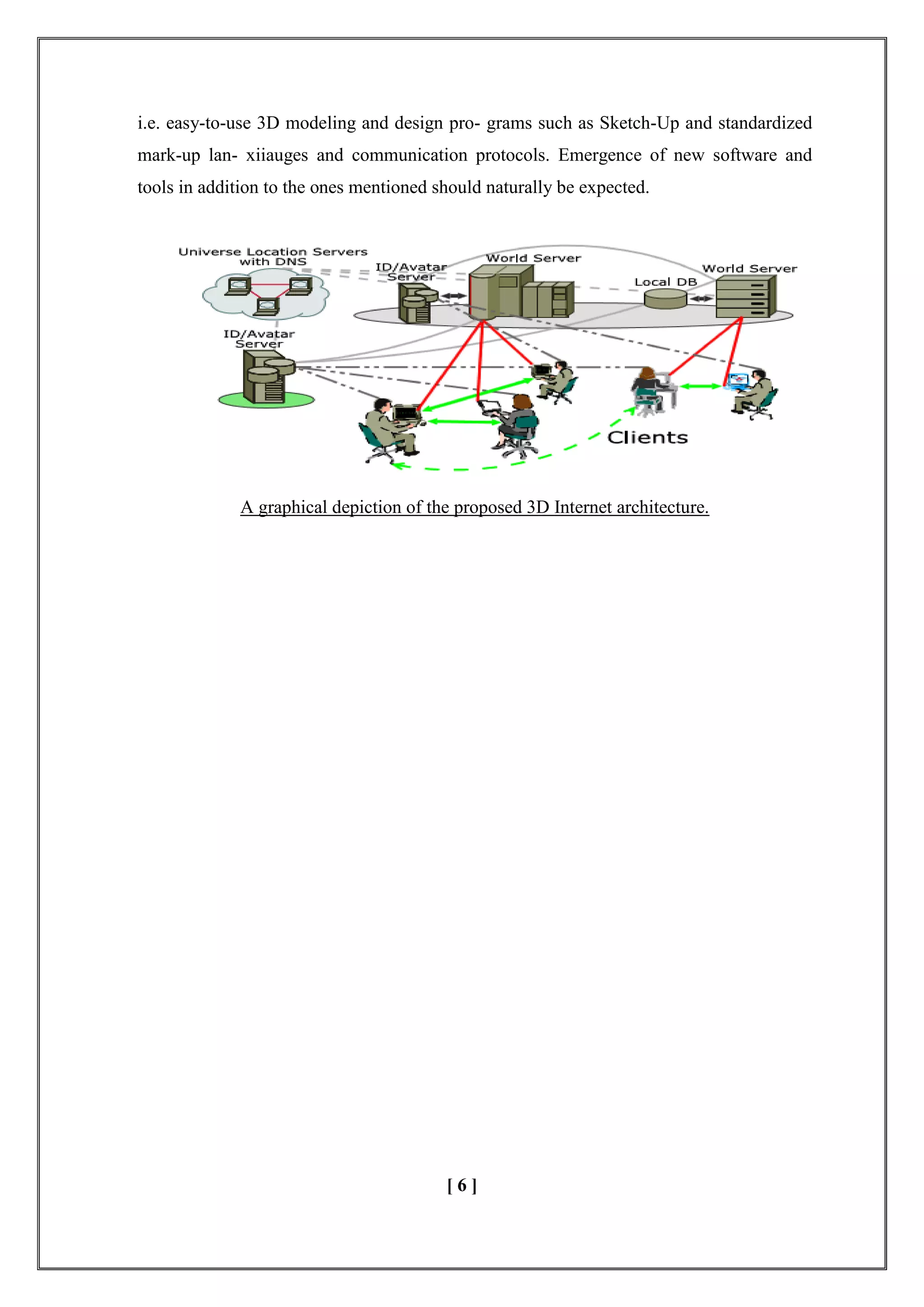 i.e. easy-to-use 3D modeling and design pro- grams such as Sketch-Up and standardized
mark-up lan- xiiauges and communication protocols. Emergence of new software and
tools in addition to the ones mentioned should naturally be expected.
A graphical depiction of the proposed 3D Internet architecture.
[ 6 ]
 