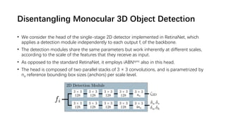 Disentangling Monocular 3D Object Detection
• We consider the head of the single-stage 2D detector implemented in RetinaNet, which
applies a detection module independently to each output fi of the backbone.
• The detection modules share the same parameters but work inherently at different scales,
according to the scale of the features that they receive as input.
• As opposed to the standard RetinaNet, it employs iABNsync also in this head.
• The head is composed of two parallel stacks of 3 × 3 convolutions, and is parametrized by
na reference bounding box sizes (anchors) per scale level.
 
