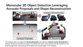 Monocular 3D Object Detection Leveraging
Accurate Proposals and Shape Reconstruction
The network takes an image with 2D bounding boxes and regresses instance-centric 3D proposals to
produce 3D bound intimated to recover local shape and scale, and to enforce 2D-3D consistency. The
proposal regression and point cloud estimation are trained jointly in the network.
 