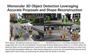 Monocular 3D Object Detection Leveraging
Accurate Proposals and Shape Reconstruction
KITTI dataset. 2D detections (top) are shown in orange. 3D detections in green are shown projected into the
image (top) and in the 3D scene (bottom). Ground truth 3D boxes (bottom) are shown in red. Points within the
detection boxes are the estimated point clouds from the network, while the background points are taken from
the colorized interpolated LiDAR scan. Note that for pedestrians in particular, the projected 3D boxes do not fit
tightly within their 2D box, so constraining the 3D box with the 2D box is not ideal.
 