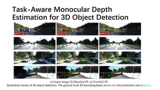 Task-Aware Monocular Depth
Estimation for 3D Object Detection
(a) Input Image (b) Baseline-PL (c) ForeSeE-PL
Qualitative results of 3D object detection. The ground truth 3D bounding boxes are in red; the predictions are in green.
 