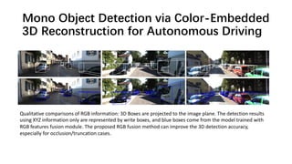 Mono Object Detection via Color-Embedded
3D Reconstruction for Autonomous Driving
Qualitative comparisons of RGB information: 3D Boxes are projected to the image plane. The detection results
using XYZ information only are represented by write boxes, and blue boxes come from the model trained with
RGB features fusion module. The proposed RGB fusion method can improve the 3D detection accuracy,
especially for occlusion/truncation cases.
 