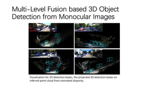 Multi-Level Fusion based 3D Object
Detection from Monocular Images
Visualization for 2D detection boxes, the projected 3D detection boxes on
inferred point cloud from estimated disparity.
 