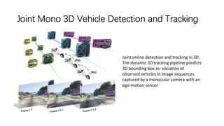 Joint Mono 3D Vehicle Detection and Tracking
Joint online detection and tracking in 3D.
The dynamic 3D tracking pipeline predicts
3D bounding box as- sociation of
observed vehicles in image sequences
captured by a monocular camera with an
ego-motion sensor.
 