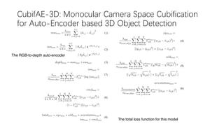 CubifAE-3D: Monocular Camera Space Cubification
for Auto-Encoder based 3D Object Detection
The RGB-to-depth auto-encoder
The total loss function for this model
 