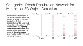 Categorical Depth Distribution Network for
Monocular 3D Object Detection
The continuous depth space is
discretized in order to define the
set of D bins used in the depth
distributions D. Depth
discretization can be performed
with uniform discretization (UD)
with a fixed bin size, spacing-
increasing discretization (SID)
with increasing bin sizes in log
space, or linear-increasing
discretization (LID) with linearly
increasing bin sizes.
 