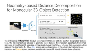 Geometry-based Distance Decomposition
for Monocular 3D Object Detection
The architecture of MonoRCNN. It is built upon Faster R-CNN and adds the carefully designed 3D distance
head. The 3D distance head is based on geometry-based distance decomposition. Specifically, the method
regresses physical height H, reciprocal of the projected visual height hrec = 1/h , and their uncertainties, then
recovers the distance by Z = fHhrec. Blue arrows represent operations in the network during training and
inference, and Orange arrows represent operations to recover 3D bounding boxes during inference.
 