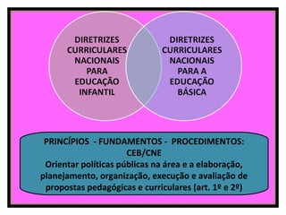 PRINCÍPIOS - FUNDAMENTOS - PROCEDIMENTOS:
CEB/CNE
Orientar políticas públicas na área e a elaboração,
planejamento, organização, execução e avaliação de
propostas pedagógicas e curriculares (art. 1º e 2º)
 