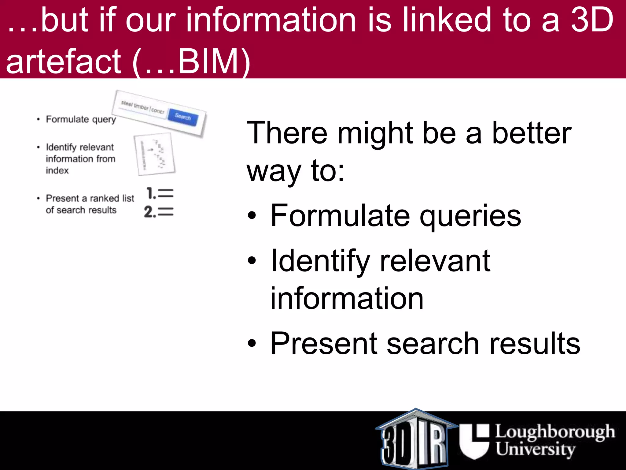 …but if our information is linked to a 3D
artefact (…BIM)
There might be a better
way to:
• Formulate queries
• Identify relevant
information
• Present search results
 