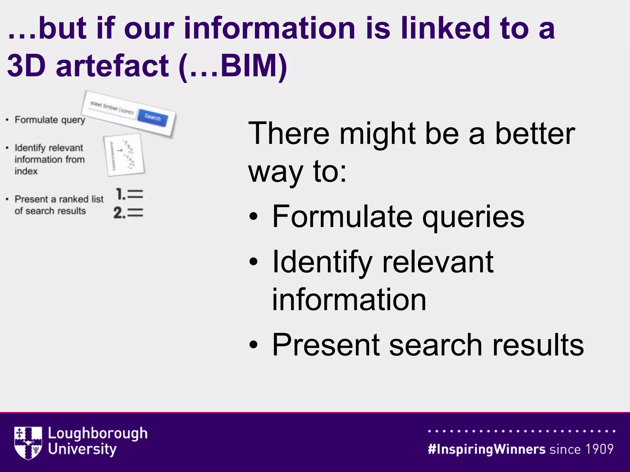 …but if our information is linked to a
3D artefact (…BIM)
There might be a better
way to:
• Formulate queries
• Identify relevant
information
• Present search results
 