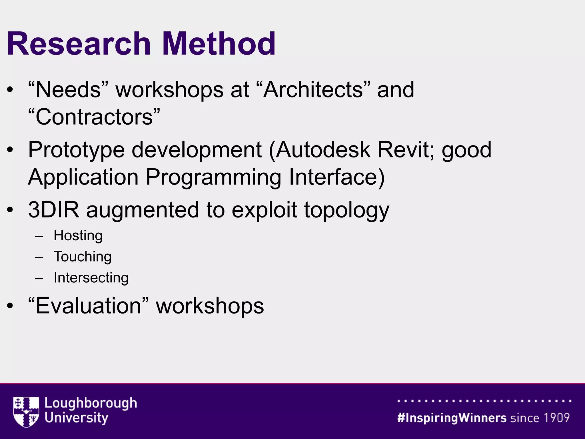 Research Method
• “Needs” workshops at “Architects” and
“Contractors”
• Prototype development (Autodesk Revit; good
Application Programming Interface)
• 3DIR augmented to exploit topology
– Hosting
– Touching
– Intersecting
• “Evaluation” workshops
 
