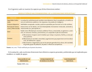 21
Guía-Cuaderno 3: Atención educativa de alumnos y alumnas con discapacidad intelectual
En el siguiente cuadro se muestran los aspectos que dichas dimensiones evalúan:
Modelo teórico multidimensional de la discapacidad intelectual*
Dimensión Aspectos que se evalúan
APOYOS
FUNCIONAMIENTOINDIVIDUAL
Capacidades Intelec-
tuales
La evaluación multidimensional considera como elementos clave la recopilación y el análisis en
torno al rendimiento académico o las respuestas a las pruebas de inteligencia
Conducta Adaptativa Habilidades conceptuales, sociales y prácticas aprendidas para funcionar en la vida cotidiana.
Participación Interac-
ciones y Roles Sociales
Interacciones con los demás y rol social desempeñado. Activamente involucrado, asistiendo a,
interactuando con, participando en…
Salud
Pueden tener dificultad para reconocer problemas físicos y emocionales, en gestionar su aten-
ción, en comunicar síntomas y sentimientos y en comprender el plan de tratamiento
Contexto
a) Microsistema: el espacio social inmediato que incluye a la persona, familia y a otras per-
sonas próximas.
b) Mesosistema: la vecindad, comunidad y organizaciones que proporcionan servicios educa-
tivos, de habilitación o apoyos.
c) Macrosistema o megasistema; que son los patrones generales de la cultura, de la sociedad,
de grandes grupos de población, de países o influencias sociopolíticas.
Fuente: aamr, 2002. *Título modificado para el presente documento.
En la evaluación, cada una de estas dimensiones hace referencia a aspectos personales y ambientales que son explorados para
establecer un modelo de apoyos:
Fuente: AAMR, 2004.
FUNCIONAMIENTO
INDIVIDUAL
ESTABLECIMIENTO DE
UN MODELO DE APOYOS
EVALUACIÓN DE LAS
DIMENSIONES
 