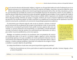 63
Guía-Cuaderno 3: Atención educativa de alumnos y alumnas con discapacidad intelectual
Para la atención educativa del alumnado indígena y migrante con discapacidad intelectual resulta fundamental que el o la
docente promueva en la cotidianidad de sus acciones (a través de actividades, situaciones y secuencias didácticas, éstas
últimas como proyectos y talleres entre otros), la participación permanente de los niños, las niñas y los jóvenes y, asimis-
mo, que diversifique las actividades de acuerdo con las necesidades educativas de cada alumno y alumna. En otras palabras, la
atención educativa debe ofrecerse bajo los principios de equidad e igualdad de oportunidades, lo cual no significa dar a todos lo
mismo, sino “dar a cada quien lo que necesita”. Este principio es también válido e importante en lo referente a la organización
dentro del grupo (trabajo individual, por parejas, en equipos, etcétera), por lo que es necesario implementar formas diversas
que permitan a los estudiantes exponer sus ideas y manifestar sus competencias en situaciones que les representen retos dife-
rentes de comunicación, socialización y la construcción de aprendizajes propiamente académicos.
El conocimiento que el docente tenga de cada uno de sus alumnos y alumnas es esencial
para la construcción de una planeación que recupere la diversidad de su aula. En este sentido,
la observación y la evaluación permanente hacen posible reconocer aspectos tales como sus
intereses, su actitud y disposición ante el aprendizaje, sus capacidades y nivel de desempeño
curricular, las formas en que dan sentido a los conocimientos para relacionarlos con otros y
para resolver situaciones problemáticas, entre otros aspectos.
Desplegar una enseñanza centrada en los estudiantes tiene una perspectiva de construir
una escuela para todos, en la que el o la docente imagina, organiza y anima situaciones
de aprendizaje óptimas en las que se establecen de manera permanente relaciones entre los
conocimientos de las diferentes disciplinas, y en las que se reta al alumnado a llevar a cabo un
proyecto, a resolver y plantear problemas, a participar en la evaluación de sus logros e incluso
a establecer sus propios objetivos de aprendizaje.
Un trabajo diversificado en el aula tiene como punto de partida las siguientes premisas:7
»» Todos los y las estudiantes son únicos y particulares en experiencias personales, aptitudes, intereses, lenguaje, cultura
y manera de aprender.
	7	Tomlinson, C.A. 2001. El aula diversificada: dar respuestas a las necesidades de todos los estudiantes. México: sep. Biblioteca de Actualización del Maestro.
La forma en que está organizado
tu salón de clases: el espacio
físico, el mobiliario, las normas,
el clima en las relaciones inter-
personales, el uso del tiempo y
el tipo de rutinas establecidas
pueden influir positiva o nega-
tivamente en el desempeño del
alumno o alumna con discapaci-
dad intelectual.
 