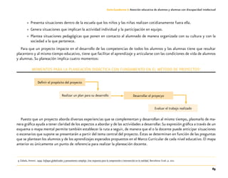 65
Guía-Cuaderno 3: Atención educativa de alumnos y alumnas con discapacidad intelectual
»» Presenta situaciones dentro de la escuela que los niños y las niñas realizan cotidianamente fuera ella.
»» Genera situaciones que implican la actividad individual y la participación en equipo.
»» Plantea situaciones pedagógicas que ponen en contacto al alumnado de manera organizada con su cultura y con la
sociedad a la que pertenece.
Para que un proyecto impacte en el desarrollo de las competencias de todos los alumnos y las alumnas tiene que resultar
placentero y al mismo tiempo educativo, tiene que facilitar el aprendizaje y articularse con las condiciones de vida de alumnos
y alumnas. Su planeación implica cuatro momentos:
Momentos para la planeación didáctica con fundamento en el Método de Proyectos9
Puesto que un proyecto aborda diversas experiencias que se complementan y desarrollan al mismo tiempo, plasmarlo de ma-
nera gráfica ayuda a tener claridad de los aspectos a abordar y de las actividades a desarrollar.Su expresión gráfica a través de un
esquema o mapa mental permite también establecer la ruta a seguir, de manera que el o la docente puede anticipar situaciones
o escenarios que supone se presentarán a partir del tema central del proyecto. Éstas se determinan en función de las preguntas
que se plantean los alumnos y de los aprendizajes esperados propuestos en el Marco Curricular de cada nivel educativo. El mapa
anterior es únicamente un punto de referencia para realizar la planeación docente.
	9	Zabala, Antoni. 1999. Enfoque globalizador y pensamiento complejo. Una respuesta para la comprensión e intervención en la realidad. Barcelona: Graó. p. 202.
Definir el propósito del proyecto
Realizar un plan para su desarrollo Desarrollar el proyecyo
Evaluar el trabajo realizado
 