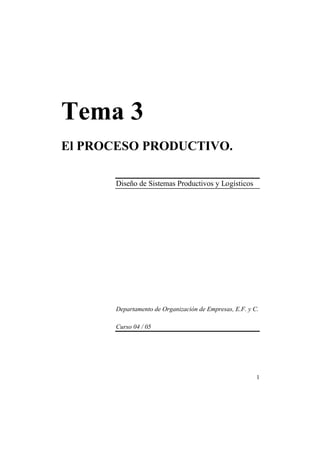 1
Tema 3
El PROCESO PRODUCTIVO.
Diseño de Sistemas Productivos y Logísticos
Departamento de Organización de Empresas, E.F. y C.
Curso 04 / 05
 