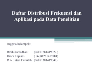 Daftar Distribusi Frekuensi dan
Aplikasi pada Data Penelitian
anggota kelompok :
Ratih Ramadhani (06081281419027 )
Diora Kapisas ( 06081281419081)
R.A. Fitria Fadhilah (06081381419042)
 