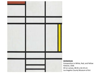 MONDRIAN
Composition in White, Red, and Yellow
Holland, 1936
Oil on canvas, 80.01 x 62.23 cm
Los Angeles County Museum of Art
 