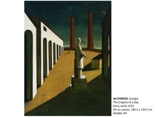 de CHIRICO, Giorgio
The Enigma of a Day
Paris, early 1914
Oil on canvas, 185.5 x 139.7 cm
MoMA, NY
 