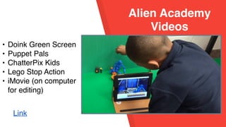 Alien Academy
Videos
• Doink Green Screen
• Puppet Pals
• ChatterPix Kids
• Lego Stop Action
• iMovie (on computer
for editing)
Link
 