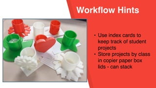 Workflow Hints
• Use index cards to
keep track of student
projects
• Store projects by class
in copier paper box
lids - can stack
 