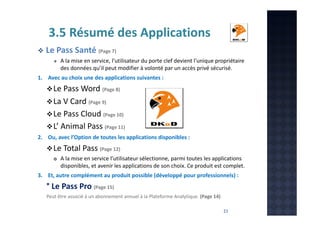 3.5 Résumé des Applications
Le Pass Santé (Page 7)
A la mise en service, l’utilisateur du porte clef devient l’unique propriétaire
des données qu’il peut modifier à volonté par un accès privé sécurisé.
1. Avec au choix une des applications suivantes :

Le Pass Word (Page 8)
La V Card (Page 9)
Le Pass Cloud (Page 10)
L’ Animal Pass (Page 11)
2. Ou, avec l’Option de toutes les applications disponibles :

Le Total Pass (Page 12)
A la mise en service l’utilisateur sélectionne, parmi toutes les applications
disponibles, et avenir les applications de son choix. Ce produit est complet.
3. Et, autre complément au produit possible (développé pour professionnels) :

° Le Pass Pro (Page 15)
Peut être associé à un abonnement annuel à la Plateforme Analytique. (Page 14)
23

 
