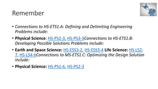 Remember
• Connections to HS-ETS1.A: Defining and Delimiting Engineering
Problems include:
• Physical Science: HS-PS2-3, HS-PS3-3Connections to HS-ETS1.B:
Developing Possible Solutions Problems include:
• Earth and Space Science: HS-ESS3-2, HS-ESS3-4 Life Science: HS-LS2-
7, HS-LS4-6Connections to MS-ETS1.C: Optimizing the Design Solution
include:
• Physical Science: HS-PS1-6, HS-PS2-3
 