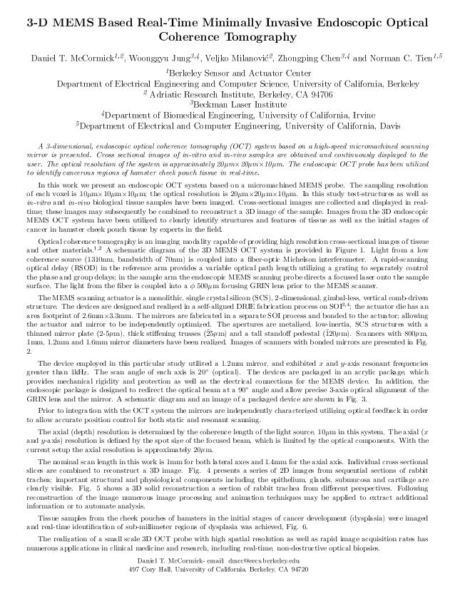 3d Mems Based Real Time Minimally Invasive Endoscopic Optical Coheren