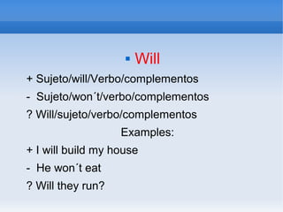  Will
+ Sujeto/will/Verbo/complementos
- Sujeto/won´t/verbo/complementos
? Will/sujeto/verbo/complementos
Examples:
+ I will build my house
- He won´t eat
? Will they run?
 