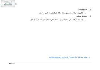 6
.
Torus Knot
:
o
.‫والعقد‬ ‫الفروع‬ ‫عدد‬ ‫في‬ ‫التحكم‬ ‫يمكنك‬ ،‫معقدة‬ ‫تفاصيل‬ ‫مع‬ ‫الحلقة‬ ‫يشبه‬ ‫شكل‬
7
.
Spline Shapes
:
o
.‫دقيق‬ ‫بشكل‬ ‫األشكال‬ ‫وتعديل‬ ‫نمذجة‬ ‫في‬ ‫استخدامها‬ ‫يمكن‬ ‫منحنيات‬ ‫على‬ ‫قائمة‬ ‫أشكال‬ ‫إلنشاء‬

‫ولونه‬ ‫الكائن‬ ‫اسم‬ ‫تحديد‬
Defining Object Name & Color
19 | P a g e
 