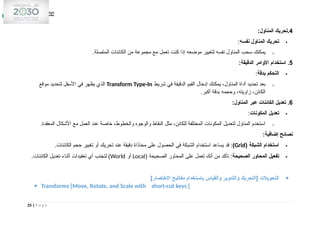 4
:‫المناول‬ ‫تحريك‬.

‫نفسه‬ ‫المناول‬ ‫تحريك‬
:
o
.‫المتصلة‬ ‫الكائنات‬ ‫من‬ ‫مجموعة‬ ‫مع‬ ‫تعمل‬ ‫كنت‬ ‫إذا‬ ‫موضعه‬ ‫لتغيير‬ ‫نفسه‬ ‫المناول‬ ‫سحب‬ ‫يمكنك‬
5
:‫الدقيقة‬ ‫األوامر‬ ‫استخدام‬ .

‫بدقة‬ ‫التحكم‬
:
o
‫شريط‬ ‫في‬ ‫الدقيقة‬ ‫القيم‬ ‫إدخال‬ ‫يمكنك‬ ،‫المناول‬ ‫أداة‬ ‫تحديد‬ ‫بعد‬
Transform Type-In
‫موقع‬ ‫لتحديد‬ ‫األسفل‬ ‫في‬ ‫يظهر‬ ‫الذي‬
.‫أكبر‬ ‫بدقة‬ ‫وحجمه‬ ،‫زاويته‬ ،‫الكائن‬
6
:‫المناول‬ ‫عبر‬ ‫الكائنات‬ ‫تعديل‬ .

‫المكونات‬ ‫تعديل‬
:
o
.‫المعقدة‬ ‫األشكال‬ ‫مع‬ ‫العمل‬ ‫عند‬ ‫خاصة‬ ،‫والخطوط‬ ‫والوجوه‬ ‫النقاط‬ ‫مثل‬ ،‫للكائن‬ ‫المختلفة‬ ‫المكونات‬ ‫لتعديل‬ ‫المناول‬ ‫استخدم‬
:‫إضافية‬ ‫نصائح‬

( ‫الشبكة‬ ‫استخدام‬
Grid
)
.‫الكائنات‬ ‫حجم‬ ‫تغيير‬ ‫أو‬ ‫تحريك‬ ‫عند‬ ‫دقيقة‬ ‫محاذاة‬ ‫على‬ ‫الحصول‬ ‫في‬ ‫الشبكة‬ ‫استخدام‬ ‫يساعد‬ ‫قد‬ :

‫الصحيحة‬ ‫المحاور‬ ‫تفعيل‬
( ‫الصحيحة‬ ‫المحاور‬ ‫على‬ ‫تعمل‬ ‫أنك‬ ‫من‬ ‫تأكد‬ :
Local
‫أو‬
World
.‫الكائنات‬ ‫تعديل‬ ‫أثناء‬ ‫تعقيدات‬ ‫أي‬ ‫لتجنب‬ )

]‫االختصار‬ ‫مفاتيح‬ ‫باستخدام‬ ‫والقياس‬ ‫والتدوير‬ ‫[التحريك‬ ‫التحويالت‬
 Transforms [Move, Rotate, and Scale with short-cut keys [
25 | P a g e
 