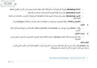 o
‫النمذجة‬
(
Modeling
)
:
‫المختلفة‬ ‫والطرق‬ ‫األدوات‬ ‫من‬ ‫مجموعة‬ ‫باستخدام‬ ‫دقيقة‬ ‫األبعاد‬ ‫ثالثية‬ ‫نماذج‬ ‫إنشاء‬ ‫البرنامج‬ ‫لك‬ ‫يتيح‬
.
o
‫التحريك‬
(
Animation
)
:
‫معقدة‬ ‫حركة‬ ‫تسلسالت‬ ‫وإنشاء‬ ‫النماذج‬ ‫لتحريك‬ ‫متقدمة‬ ‫أدوات‬ ‫يقدم‬
.
o
‫التصيير‬
(
Rendering
)
:
‫مثل‬ ‫قوية‬ ‫تصيير‬ ‫محركات‬ ‫على‬ ‫يحتوي‬
Arnold
‫نماذجك‬ ‫من‬ ً‫ا‬‫جد‬ ‫واقعية‬ ‫صور‬ ‫إنتاج‬ ‫لك‬ ‫تتيح‬ ‫التي‬ ،
‫األبعاد‬ ‫ثالثية‬
.
o
‫واإلضافات‬ ‫التخصيص‬
:
‫وإضافات‬ ‫سكربتات‬ ‫باستخدام‬ ‫احتياجاتك‬ ‫حسب‬ ‫البرنامج‬ ‫تخصيص‬ ‫يمكنك‬
(
Plugins
)
‫متنوعة‬
.
4
.
‫التكامل‬
:
o
‫يتكامل‬
3DMaX
‫من‬ ‫أخرى‬ ‫برامج‬ ‫مع‬
Autodesk
‫مثل‬
AutoCAD
‫و‬
Revit
‫األبعاد‬ ‫ثالثي‬ ‫التصميم‬ ‫برامج‬ ‫إلى‬ ‫باإلضافة‬ ،
‫األخرى‬
.
5
.
‫التشغيل‬ ‫منصات‬
:
o
‫تشغيل‬ ‫أنظمة‬ ‫على‬ ‫البرنامج‬ ‫يعمل‬
Windows
‫الرسوم‬ ‫وفناني‬ ،‫المصممين‬ ،‫المعماريين‬ ‫المهندسين‬ ‫قبل‬ ‫من‬ ‫بكثافة‬ ‫ويستخدم‬ ،
‫المتحركة‬
.
‫والتعلم‬ ‫التعليم‬
:
‫تعلم‬
3DMaX
‫أن‬ ‫يمكن‬ ‫التي‬ ‫اإلنترنت‬ ‫عبر‬ ‫المتاحة‬ ‫التعليمية‬ ‫والموارد‬ ‫التدريبية‬ ‫الدورات‬ ‫من‬ ‫العديد‬ ‫هناك‬ ‫لكن‬ ،‫وممارسة‬ ‫ا‬ً
‫ت‬‫وق‬ ‫يتطلب‬
‫بفعالية‬ ‫البرنامج‬ ‫الستخدام‬ ‫الالزمة‬ ‫المهارات‬ ‫اكتساب‬ ‫على‬ ‫تساعدك‬
.

‫الواجهة‬ ‫على‬ ‫عامة‬ ‫نظرة‬
Overview of the Interface
5 | P a g e
 