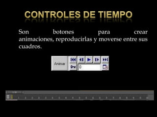 Son        botones           para        crear
animaciones, reproducirlas y moverse entre sus
cuadros.
 