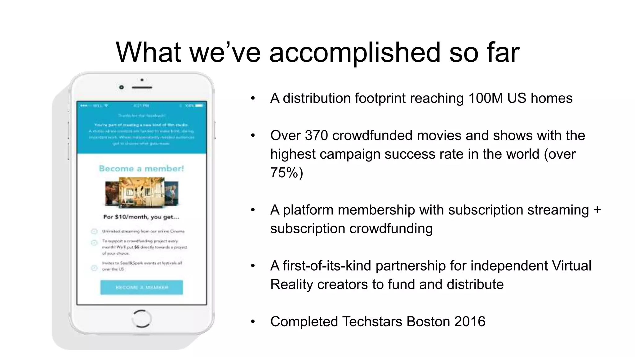 What we’ve accomplished so far
• A distribution footprint reaching 100M US homes
• Over 370 crowdfunded movies and shows with the
highest campaign success rate in the world (over
75%)
• A platform membership with subscription streaming +
subscription crowdfunding
• A first-of-its-kind partnership for independent Virtual
Reality creators to fund and distribute
• Completed Techstars Boston 2016
 