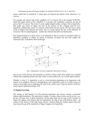 International Journal of Computer Graphics & Animation (IJCGA) Vol.5, No.2, April 2015
40
exists a (flat) disc D centered at V which does not intersect the interior of M; otherwise, it is
concave.
For example, the convex hull of the neighbors of V in Figure 3(a) is the triangle W1W2W3,
which has empty interior in R3. Therefore, V is trivially non- hyperbolic; moreover, the disc D
proves that V is convex. The vertex V on the saddle-shaped surface in Figure 3(b) is hyperbolic.
The reader may check in Figure 3(c) that all the vertices on the L-shaped solid are non-
hyperbolic, and that only vertex V is concave, while all the rest are convex. The disc D at a corner
of the L-shaped solid indicates the reason why we cannot replace the disc in the definition of
convexity with its containing plane – a plane may intersect the mesh at a distant point.
Our characterization of a mesh vertex is not unrelated to that of a point of a smooth surface as
hyperbolic, parabolic or elliptic by means of Gaussian curvature, but we’ll not explore the
connection here. It should be observed though
Fig. 3. Illustrations of convex, hyperbolic and concave vertices.
that our use of the discrete local geometry to classify vertices seems more natural for a meshed
surface than computing pseudo-curvature values, as some authors do, on a smooth approximation.
Whether a vertex V is hyperbolic or not is a local decision depending on its disposition with
respect to its neighbors. However, distinguishing a non- hyperbolic vertex V as either convex or
concave necessitates one to determine the side of the surface near V that the interior of M lies,
which requires global knowledge of M.
3.2 Region Growing
Our strategy to find features is to first presume hyperbolic and concave vertices as potential
feature region boundaries. The motivation is simple. A surface whose vertices are all convex, e.g.,
the box of Figure 3(a), is likely featureless. On the other hand, the two legs of the L-surface of
Figure 3(c) appear to be features that are separated by the edge at the crook between them – all
vertices in the interior of this edge being concave. Vertices along the circular region where the
stem meets the cap of the mushroom of Figure 4 appear to be hyperbolic.
 