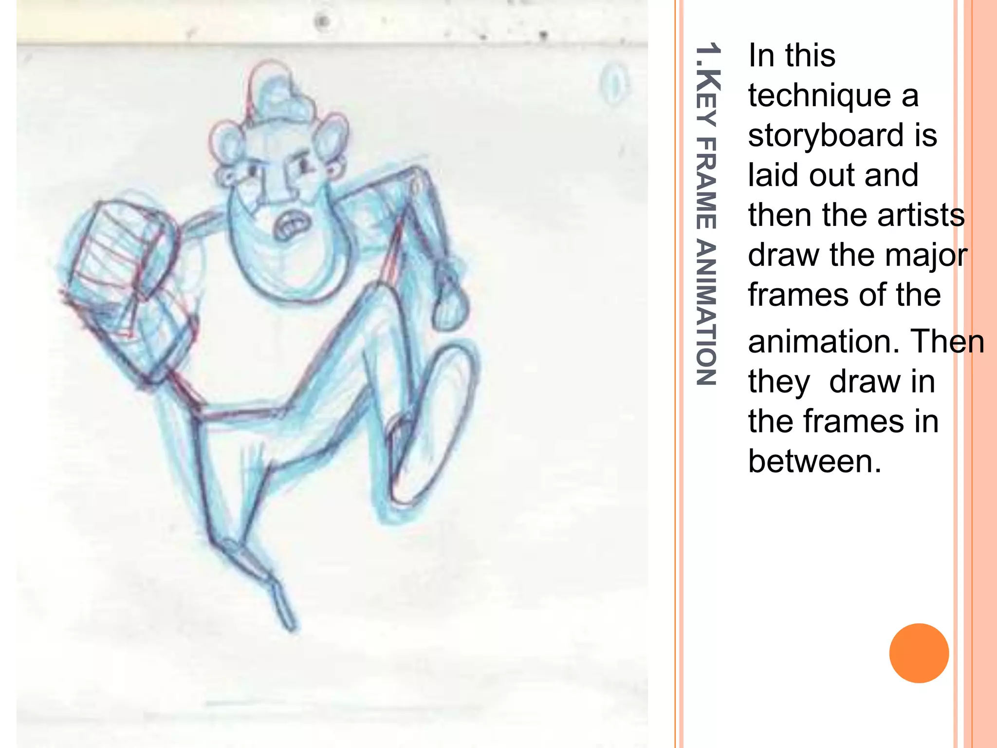 1.KEYFRAMEANIMATION
In this
technique a
storyboard is
laid out and
then the artists
draw the major
frames of the
animation. Then
they draw in
the frames in
between.
 