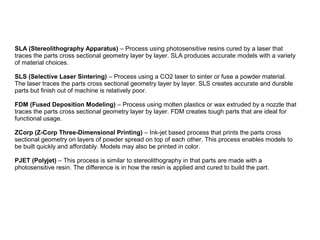  
SLA (Stereolithography Apparatus) – Process using photosensitive resins cured by a laser that 
traces the parts cross sectional geometry layer by layer. SLA produces accurate models with a variety 
of material choices.
SLS (Selective Laser Sintering) – Process using a CO2 laser to sinter or fuse a powder material. 
The laser traces the parts cross sectional geometry layer by layer. SLS creates accurate and durable 
parts but finish out of machine is relatively poor.
FDM (Fused Deposition Modeling) – Process using molten plastics or wax extruded by a nozzle that 
traces the parts cross sectional geometry layer by layer. FDM creates tough parts that are ideal for 
functional usage.
ZCorp (Z-Corp Three-Dimensional Printing) – Ink-jet based process that prints the parts cross 
sectional geometry on layers of powder spread on top of each other. This process enables models to 
be built quickly and affordably. Models may also be printed in color.
PJET (Polyjet) – This process is similar to stereolithography in that parts are made with a 
photosensitive resin. The difference is in how the resin is applied and cured to build the part. 
 