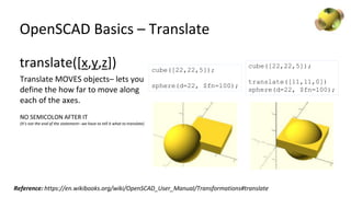 OpenSCAD Basics – Translate
cube([22,22,5]);
sphere(d=22, $fn=100);
cube([22,22,5]);
translate([11,11,0])
sphere(d=22, $fn...
