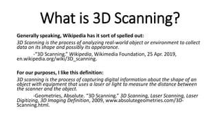 What is 3D Scanning?
Generally speaking, Wikipedia has it sort of spelled out:
3D Scanning is the process of analyzing rea...