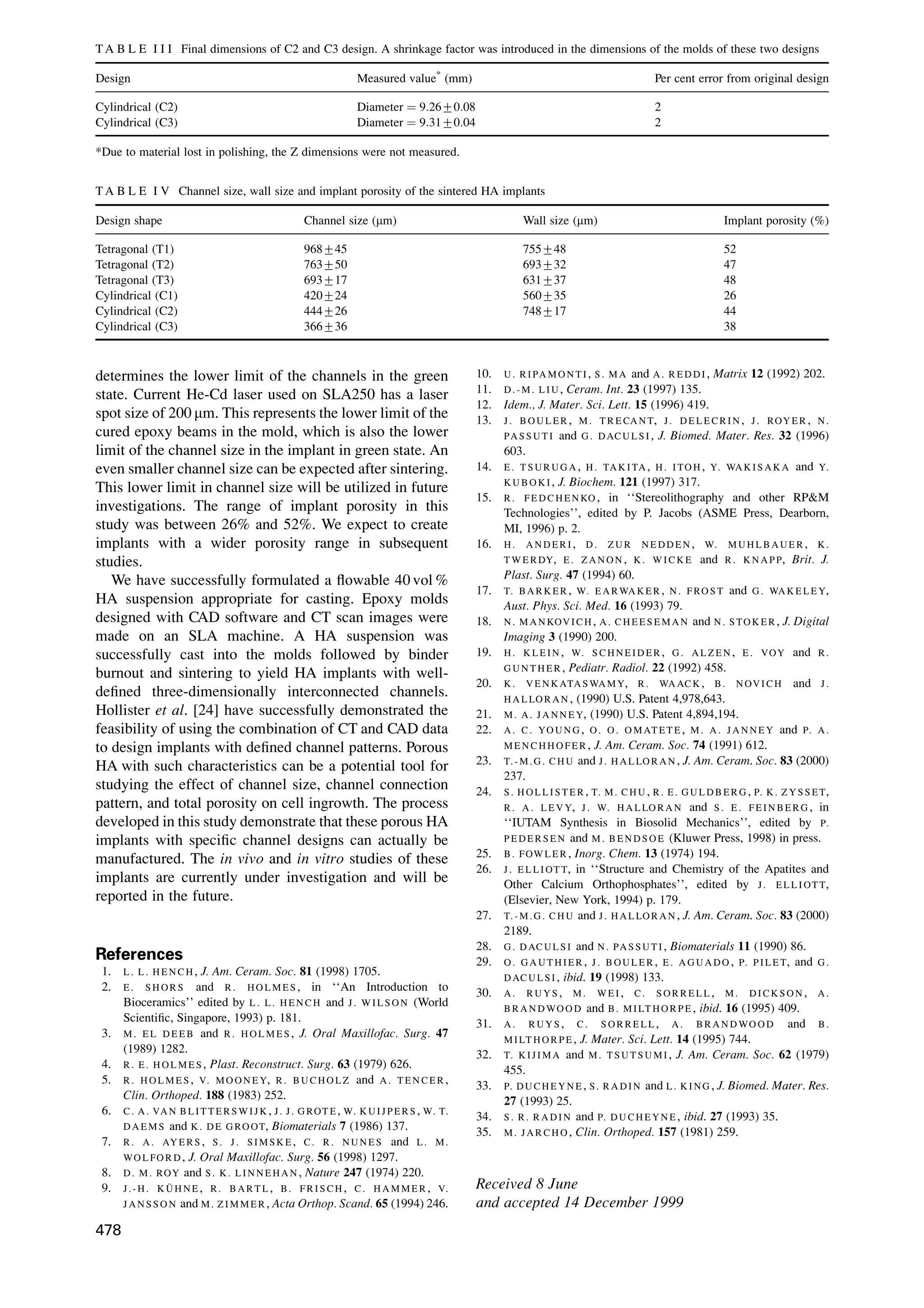 determines the lower limit of the channels in the green
state. Current He-Cd laser used on SLA250 has a laser
spot size of 200 mm. This represents the lower limit of the
cured epoxy beams in the mold, which is also the lower
limit of the channel size in the implant in green state. An
even smaller channel size can be expected after sintering.
This lower limit in channel size will be utilized in future
investigations. The range of implant porosity in this
study was between 26% and 52%. We expect to create
implants with a wider porosity range in subsequent
studies.
We have successfully formulated a ¯owable 40 vol %
HA suspension appropriate for casting. Epoxy molds
designed with CAD software and CT scan images were
made on an SLA machine. A HA suspension was
successfully cast into the molds followed by binder
burnout and sintering to yield HA implants with well-
de®ned three-dimensionally interconnected channels.
Hollister et al. [24] have successfully demonstrated the
feasibility of using the combination of CT and CAD data
to design implants with de®ned channel patterns. Porous
HA with such characteristics can be a potential tool for
studying the effect of channel size, channel connection
pattern, and total porosity on cell ingrowth. The process
developed in this study demonstrate that these porous HA
implants with speci®c channel designs can actually be
manufactured. The in vivo and in vitro studies of these
implants are currently under investigation and will be
reported in the future.
References
1. L . L . H E N C H , J. Am. Ceram. Soc. 81 (1998) 1705.
2. E . S H O R S and R . H O L M E S , in ``An Introduction to
Bioceramics'' edited by L . L . H E N C H and J . W I L S O N (World
Scienti®c, Singapore, 1993) p. 181.
3. M . E L D E E B and R . H O L M E S , J. Oral Maxillofac. Surg. 47
(1989) 1282.
4. R . E . H O L M E S , Plast. Reconstruct. Surg. 63 (1979) 626.
5. R . H O L M E S , V. M O O N E Y, R . B U C H O L Z and A . T E N C E R ,
Clin. Orthoped. 188 (1983) 252.
6. C . A . VA N B L I T T E R S W I J K , J . J . G ROT E , W. K U I J P E R S , W. T.
D A E M S and K . D E G RO OT, Biomaterials 7 (1986) 137.
7. R . A . AY E R S , S . J . S I M S K E , C . R . N U N E S and L . M .
WO L FO R D , J. Oral Maxillofac. Surg. 56 (1998) 1297.
8. D . M . ROY and S . K . L I N N E H A N , Nature 247 (1974) 220.
9. J . - H . K UÈ H N E , R . B A R T L , B . F R I S C H , C . H A M M E R , V.
J A N S S O N and M . Z I M M E R , Acta Orthop. Scand. 65 (1994) 246.
10. U . R I PA M O N T I , S . M A and A . R E D D I , Matrix 12 (1992) 202.
11. D . - M . L I U , Ceram. Int. 23 (1997) 135.
12. Idem., J. Mater. Sci. Lett. 15 (1996) 419.
13. J . B O U L E R , M . T R E CA N T, J . D E L E C R I N , J . ROY E R , N .
PA S S U T I and G . D AC U L S I , J. Biomed. Mater. Res. 32 (1996)
603.
14. E . T S U R U G A , H . TA K I TA , H . I TO H , Y. WA K I S A K A and Y.
K U B O K I , J. Biochem. 121 (1997) 317.
15. R . F E D C H E N KO , in ``Stereolithography and other RPM
Technologies'', edited by P. Jacobs (ASME Press, Dearborn,
MI, 1996) p. 2.
16. H . A N D E R I , D . Z U R N E D D E N , W. M U H L B A U E R , K .
T W E R DY, E . Z A N O N , K . W I C K E and R . K N A P P, Brit. J.
Plast. Surg. 47 (1994) 60.
17. T. B A R K E R , W. E A R WA K E R , N . F RO S T and G . WA K E L E Y,
Aust. Phys. Sci. Med. 16 (1993) 79.
18. N . M A N KOV I C H , A . C H E E S E M A N and N . S TO K E R , J. Digital
Imaging 3 (1990) 200.
19. H . K L E I N , W. S C H N E I D E R , G . A L Z E N , E . VOY and R .
G U N T H E R , Pediatr. Radiol. 22 (1992) 458.
20. K . V E N K ATA S WA M Y, R . WA AC K , B . N OV I C H and J .
H A L LO R A N , (1990) U.S. Patent 4,978,643.
21. M . A . J A N N E Y, (1990) U.S. Patent 4,894,194.
22. A . C . YO U N G , O . O . O M AT E T E , M . A . J A N N E Y and P. A .
M E N C H H O F E R , J. Am. Ceram. Soc. 74 (1991) 612.
23. T. - M . G . C H U and J . H A L LO R A N , J. Am. Ceram. Soc. 83 (2000)
237.
24. S . H O L L I S T E R , T. M . C H U , R . E . G U L D B E R G , P. K . Z Y S S E T,
R . A . L E V Y, J . W. H A L LO R A N and S . E . F E I N B E R G , in
``IUTAM Synthesis in Biosolid Mechanics'', edited by P.
P E D E R S E N and M . B E N D S O E (Kluwer Press, 1998) in press.
25. B . FOW L E R , Inorg. Chem. 13 (1974) 194.
26. J . E L L I OT T, in ``Structure and Chemistry of the Apatites and
Other Calcium Orthophosphates'', edited by J . E L L I OT T,
(Elsevier, New York, 1994) p. 179.
27. T. - M . G . C H U and J . H A L LO R A N , J. Am. Ceram. Soc. 83 (2000)
2189.
28. G . D AC U L S I and N . PA S S U T I , Biomaterials 11 (1990) 86.
29. O . G A U T H I E R , J . B O U L E R , E . A G U A D O , P. P I L E T, and G .
D AC U L S I , ibid. 19 (1998) 133.
30. A . R U Y S , M . W E I , C . S O R R E L L , M . D I C K S O N , A .
B R A N D WO O D and B . M I LT H O R P E , ibid. 16 (1995) 409.
31. A . R U Y S , C . S O R R E L L , A . B R A N D WO O D and B .
M I LT H O R P E , J. Mater. Sci. Lett. 14 (1995) 744.
32. T. K I J I M A and M . T S U T S U M I , J. Am. Ceram. Soc. 62 (1979)
455.
33. P. D U C H E Y N E , S . R A D I N and L . K I N G , J. Biomed. Mater. Res.
27 (1993) 25.
34. S . R . R A D I N and P. D U C H E Y N E , ibid. 27 (1993) 35.
35. M . J A R C H O , Clin. Orthoped. 157 (1981) 259.
Received 8 June
and accepted 14 December 1999
TA B L E I I I Final dimensions of C2 and C3 design. A shrinkage factor was introduced in the dimensions of the molds of these two designs
Design Measured value*
(mm) Per cent error from original design
Cylindrical (C2) Diameter ˆ 9:26+0:08 2
Cylindrical (C3) Diameter ˆ 9:31+0:04 2
*Due to material lost in polishing, the Z dimensions were not measured.
TA B L E I V Channel size, wall size and implant porosity of the sintered HA implants
Design shape Channel size (mm) Wall size (mm) Implant porosity (%)
Tetragonal (T1) 968+45 755+48 52
Tetragonal (T2) 763+50 693+32 47
Tetragonal (T3) 693+17 631+37 48
Cylindrical (C1) 420+24 560+35 26
Cylindrical (C2) 444+26 748+17 44
Cylindrical (C3) 366+36 38
478
 