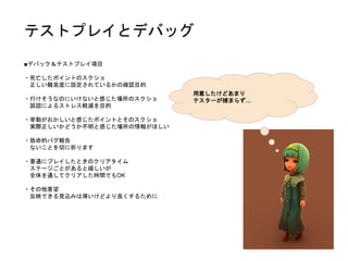 テストプレイとデバッグ
■デバック＆テストプレイ項目
・死亡したポイントのスクショ
正しい難易度に設定されているかの確認目的
・行けそうなのにいけないと感じた場所のスクショ
誤認によるストレス軽減を目的
・挙動がおかしいと感じたポイントとそのスクショ
実際正しいかどうか不明と感じた場所の情報がほしい
・致命的バグ報告
ないことを切に祈ります
・普通にプレイしたときのクリアタイム
ステージごとがあると嬉しいが
全体を通してクリアした時間でもOK
・その他要望
反映できる見込みは薄いけどより良くするために
用意したけどあまり
テスターが捕まらず…
 