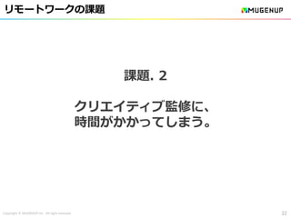 Copyright © MUGENUP Inc. All right reserved
リモートワークの課題
22
課題. 2
クリエイティブ監修に、
時間がかかってしまう。
 