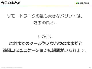 Copyright © MUGENUP Inc. All right reserved
今日のまとめ
32
リモートワークの最も大きなメリットは、
効率の良さ。
しかし、
これまでのツールやノウハウのままだと
遠隔コミュニケーションに課題がみられます。
 