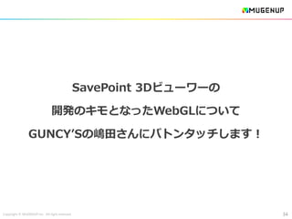 Copyright © MUGENUP Inc. All right reserved
SavePoint 3Dビューワーの
開発のキモとなったWebGLについて
GUNCY’Sの嶋田さんにバトンタッチします！
34
 