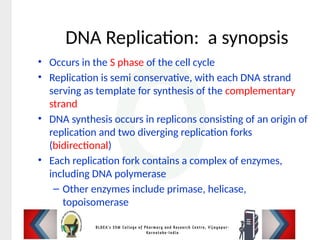 DNA Replication: a synopsis
• Occurs in the S phase of the cell cycle
• Replication is semi conservative, with each DNA strand
serving as template for synthesis of the complementary
strand
• DNA synthesis occurs in replicons consisting of an origin of
replication and two diverging replication forks
(bidirectional)
• Each replication fork contains a complex of enzymes,
including DNA polymerase
– Other enzymes include primase, helicase,
topoisomerase
 